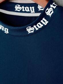 Manfinity Homme Men Letter Graphic Contrast Trim Tee Without Necklace - Navy Blue - View 3