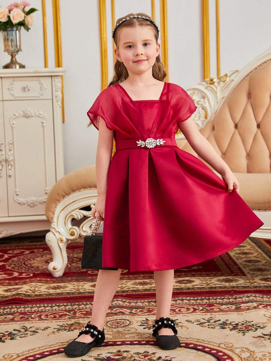 SHEIN Young Girls 1pc Rhinestone Detail Fold Pleated Party Dress - Red - View 1