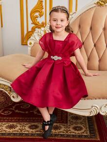 SHEIN Young Girls 1pc Rhinestone Detail Fold Pleated Party Dress - Red - View 4