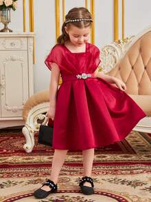 SHEIN Young Girls 1pc Rhinestone Detail Fold Pleated Party Dress - Red - View 6