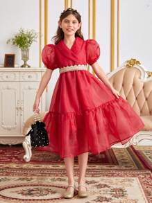 SHEIN 女孩1入組泡泡袖蕾絲拼接後綁帶荷葉邊連衣裙 - 紅色 - 查看 6