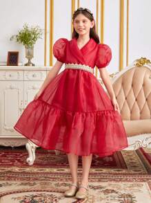 SHEIN 女孩1入組泡泡袖蕾絲拼接後綁帶荷葉邊連衣裙 - 紅色 - 查看 4