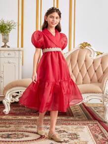 SHEIN 女孩1入組泡泡袖蕾絲拼接後綁帶荷葉邊連衣裙 - 紅色 - 查看 7