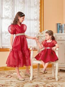 SHEIN 女孩1入組泡泡袖蕾絲拼接後綁帶荷葉邊連衣裙 - 紅色 - 查看 10