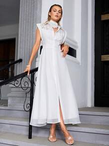 Sollinarry Contrast Mesh Button Front Split Thigh Shirt Dress - White - View 1