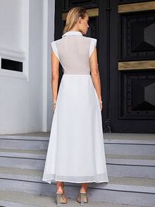 Sollinarry Contrast Mesh Button Front Split Thigh Shirt Dress - White - View 2