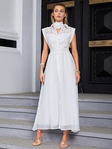 Sollinarry Contrast Mesh Button Front Split Thigh Shirt Dress - White - View 4