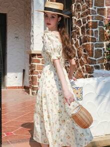 Allover Floral Print Ruffle Trim Puff Sleeve Dress - Apricot - View 2