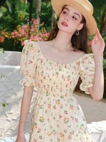 Allover Floral Print Ruffle Trim Puff Sleeve Dress