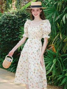 Allover Floral Print Ruffle Trim Puff Sleeve Dress