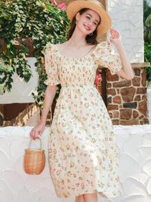 Allover Floral Print Ruffle Trim Puff Sleeve Dress