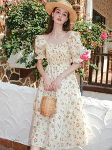 Allover Floral Print Ruffle Trim Puff Sleeve Dress