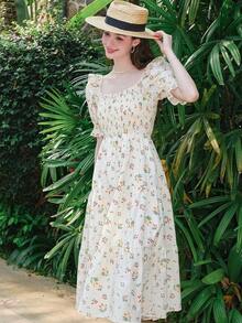 Allover Floral Print Ruffle Trim Puff Sleeve Dress - Apricot - View 8