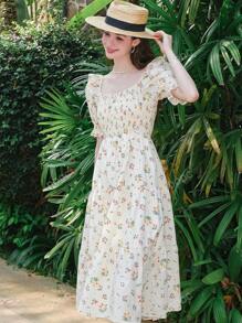 Allover Floral Print Ruffle Trim Puff Sleeve Dress