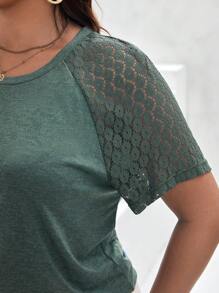 SHEIN Frenchy Camiseta con encaje en contraste de manga raglán - Verde - Ver 6