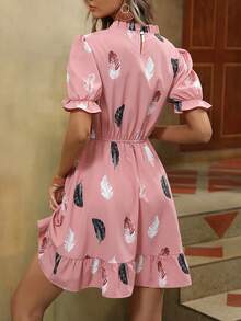 SHEIN VCAY Vestido con estampado de pluma de manga farol bajo con fruncido - Rosa - Ver 2