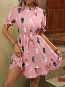SHEIN VCAY Vestido con estampado de pluma de manga farol bajo con fruncido - Rosa - Ver 3