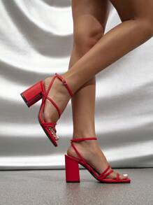 Women Multi Strap Chunky Heeled Sandals, Funky Red Ankle Strap Sandals - Red - View 5