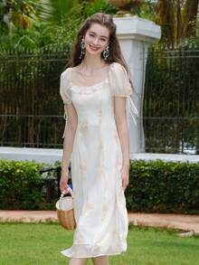 印花打結袖口泡泡袖連衣裙 - 米色 - 查看 5