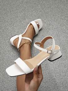 Women Minimalist Chunky Heeled Sandals, Elegant White Ankle Strap Sandals - White - View 4