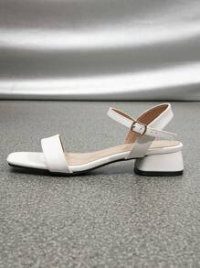 Women Minimalist Chunky Heeled Sandals, Elegant White Ankle Strap Sandals - White - View 6