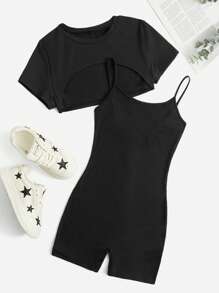 Muchica Summer Black Y2k Super Crop Top & Cami Romper Two Pieces