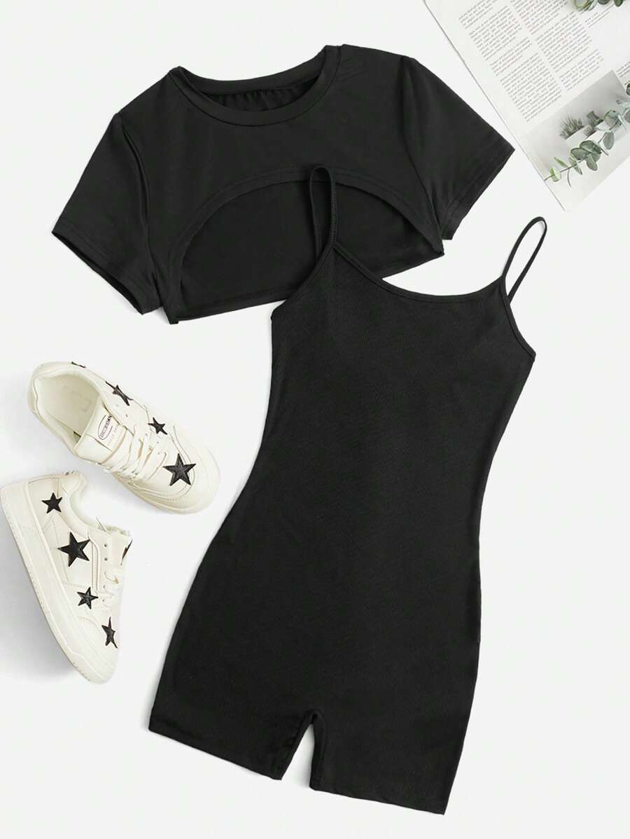 Muchica Summer Black Y2k Super Crop Top & Cami Romper Two Pieces