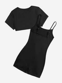 Muchica Summer Black Y2k Super Crop Top & Cami Romper Two Pieces