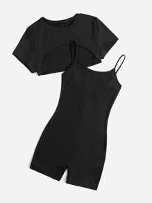 Muchica Summer Black Y2k Super Crop Top & Cami Romper Two Pieces