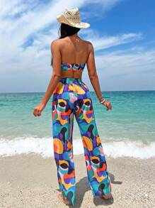 SHEIN Swim Summer Beach Allover Print Bandeau Bikini Set With Cover Up Pants - Multicolor - View 2