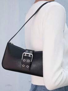 Black Bag Vintage Buckle Decor Zipper PU - Black - View 2