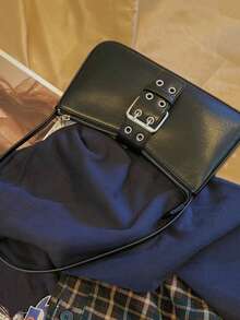 Black Bag Vintage Buckle Decor Zipper PU - Black - View 5