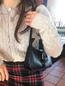 Black Bag Vintage Buckle Decor Zipper PU - Black - View 6