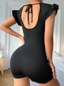 Rompers Nữ Tương phản ren Xù màu trơn - màu đen - Xem 2