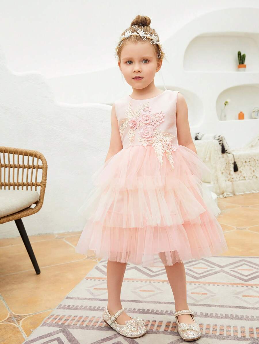 小女童貼花網紗邊洋裝 - 粉色 - 查看 1