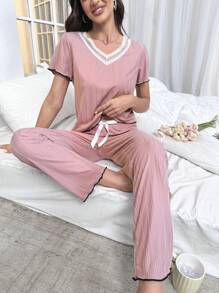 Contrast Lace Lettuce Trim Tee & Trousers PJ Set - Dusty Pink - View 1