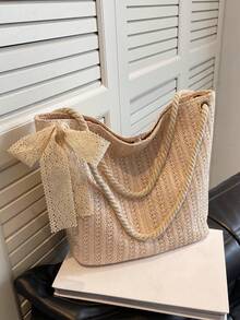 淺褐色草編包大容量絲巾裝飾適用於度假