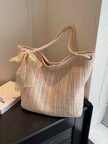 淺褐色草編包大容量絲巾裝飾適用於度假
