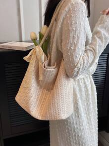 淺褐色草編包大容量絲巾裝飾適用於度假