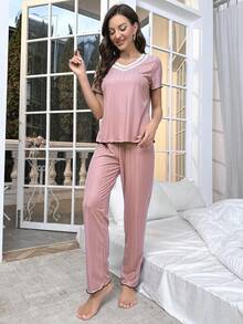 Contrast Lace Lettuce Trim Tee & Trousers PJ Set - Dusty Pink - View 3