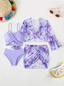 青少年女孩交叉比基尼套装与扎染罩衫套装配套夏季海滩 - 彩色 - 查看 5