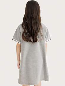 休閒卡通女童（大）洋裝拼接領 貼布 前紐扣 - 淺灰色 - 查看 2