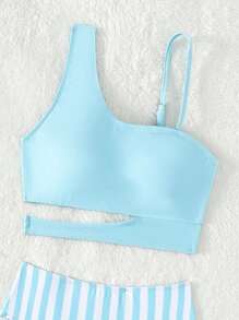 Tween Girl Striped Cut Out Bikini Set Summer Beach - Blue and White - View 3
