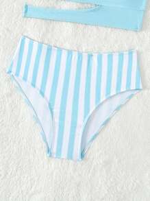 Tween Girl Striped Cut Out Bikini Set Summer Beach - Blue and White - View 4