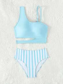 Tween Girl Striped Cut Out Bikini Set Summer Beach - Blue and White - View 5