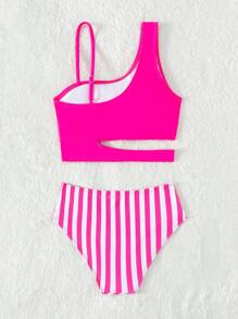 Tween Girl Striped Cut Out Asymmetrical Neck Cut Out Bikini Set Summer Beach Summer Holiday - Multicolor - View 2