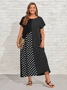 EMERY ROSE Plus Polka Dot Print Batwing Sleeve Dress For Summer - Black - View 4