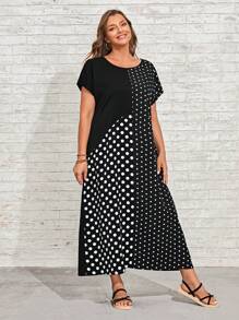 EMERY ROSE Plus Polka Dot Print Batwing Sleeve Dress For Summer - Black - View 5