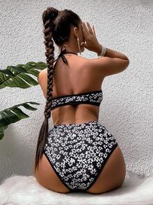 SHEIN Swim 印花掛脖比基尼泳裝 - 黑與白 - 查看 2