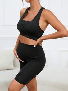 SHEIN Maternity Solid Crisscross Backless Tank Top & Cycling Shorts - Black - View 4